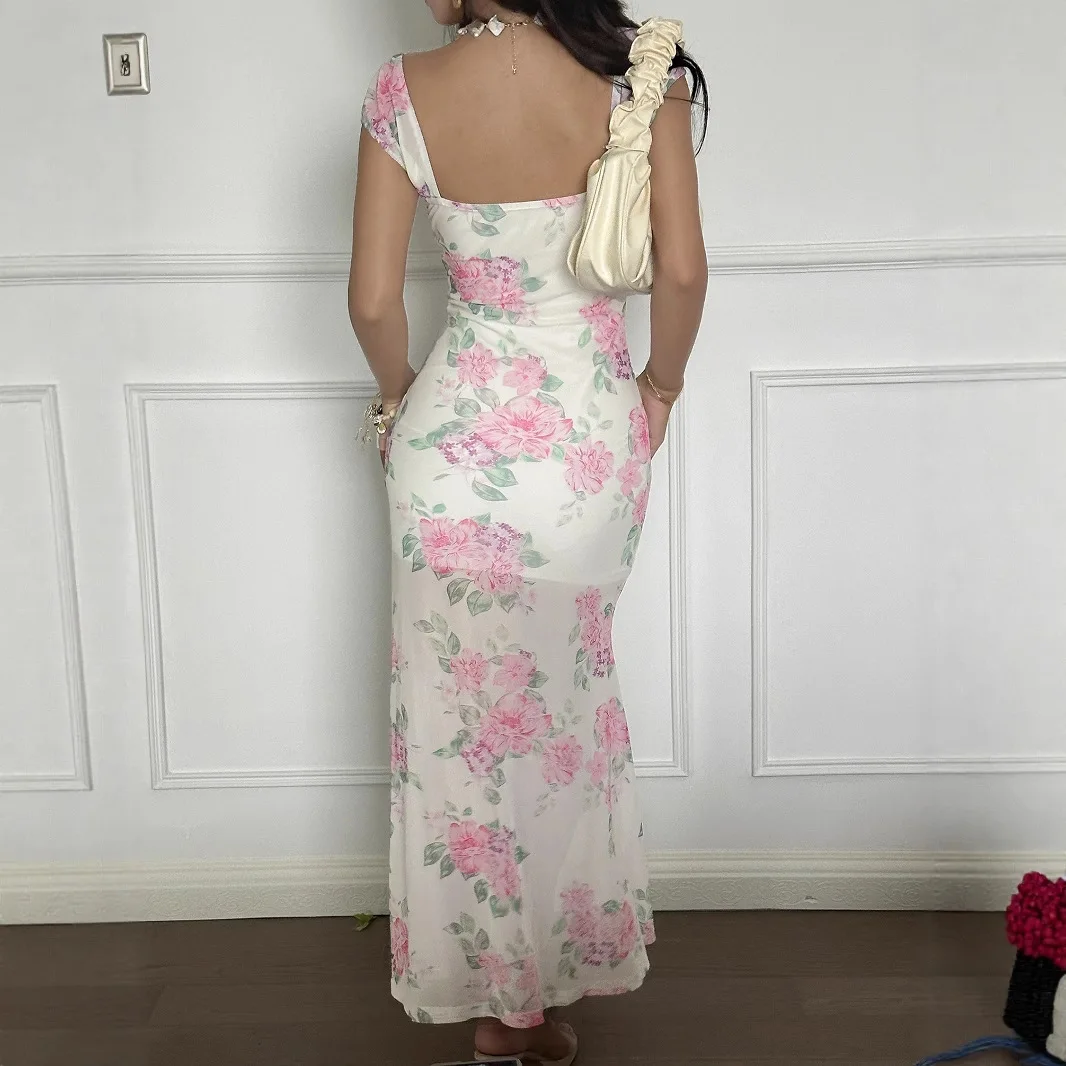 Zeyla Women's 2025 Floral Maxi Dress U-Neck Sheer Bohemian Beach Gown Youthful Slimming Summer Vacation Romantic Outfit