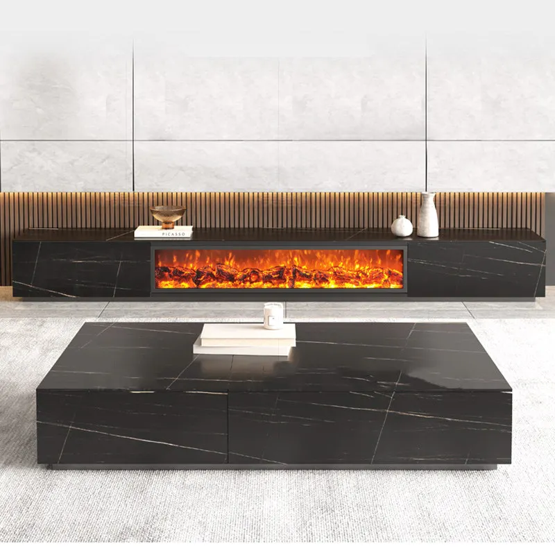 Luxury Sintered Stone TV Cabinet, Electric Fireplace, Simulated Flame TV Table, Living Room Storage Cabinet, Coffee Table