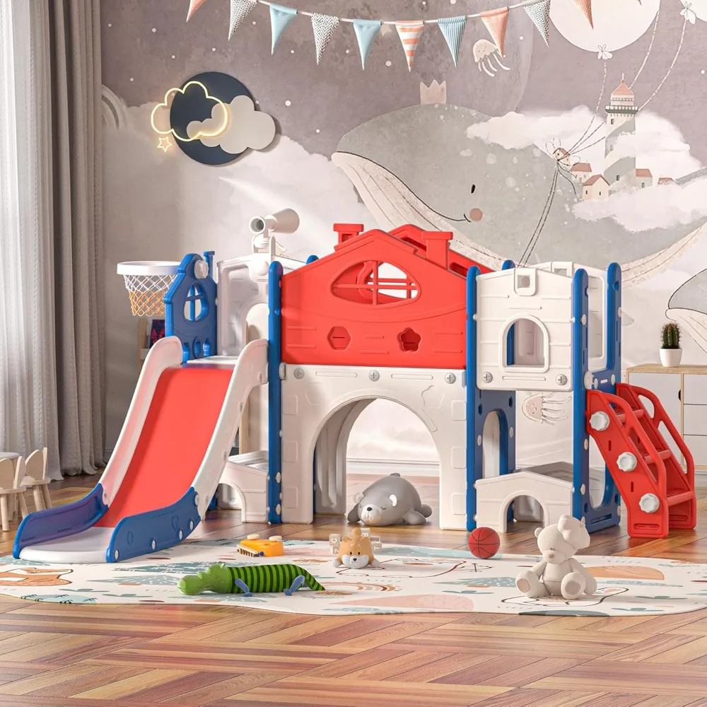 

Kids Slide Playset with Climber, Toddlers Slide Freestanding Castle with Basketball, Storage Area, Tunnel for Indoors and Outdoo