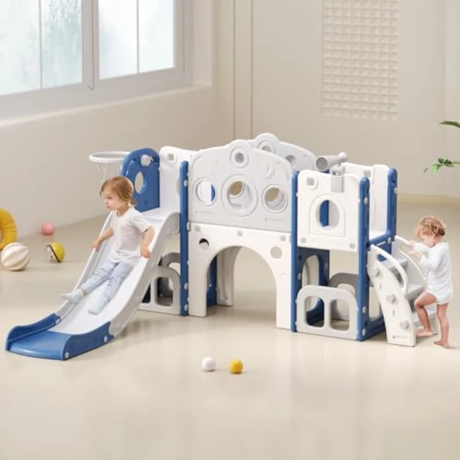 

8 in 1 Toddler Slide Outdoor Indoor Playset for Child Age 1 2 3 Climber Slide with Storage Space and Non-Slip Steps Basketball
