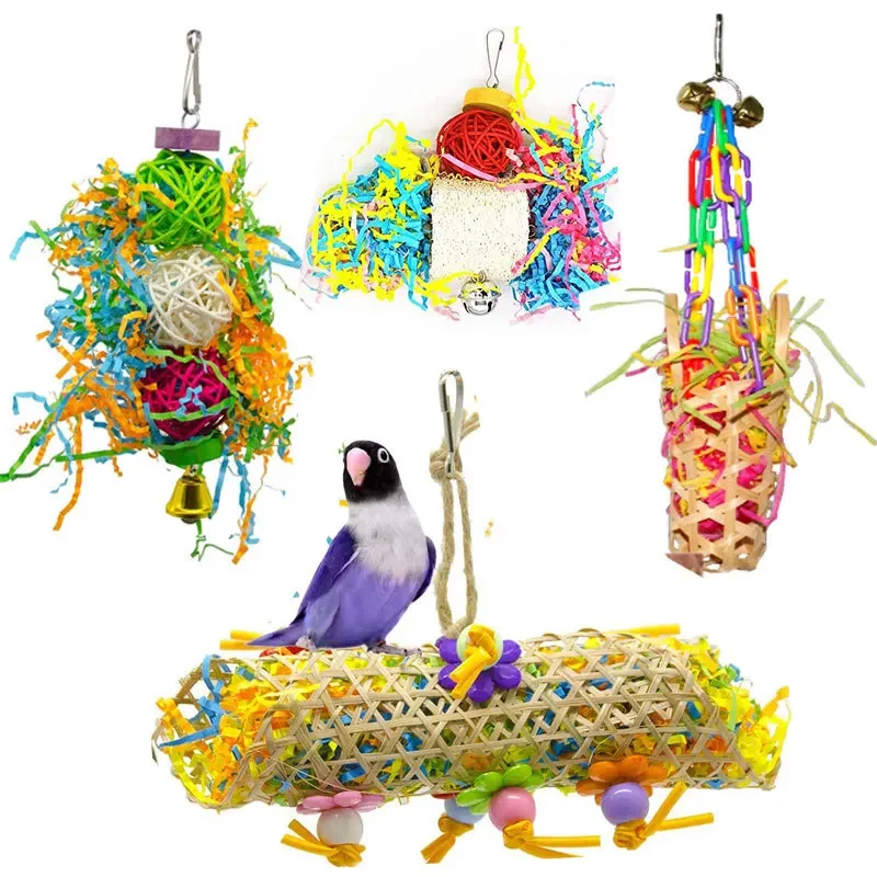 

4PCS Bird Toy Combination Set Vine Ball Paper Colored Bird Cage Accessories Bird Supplies Kits Parrot Bite Toys