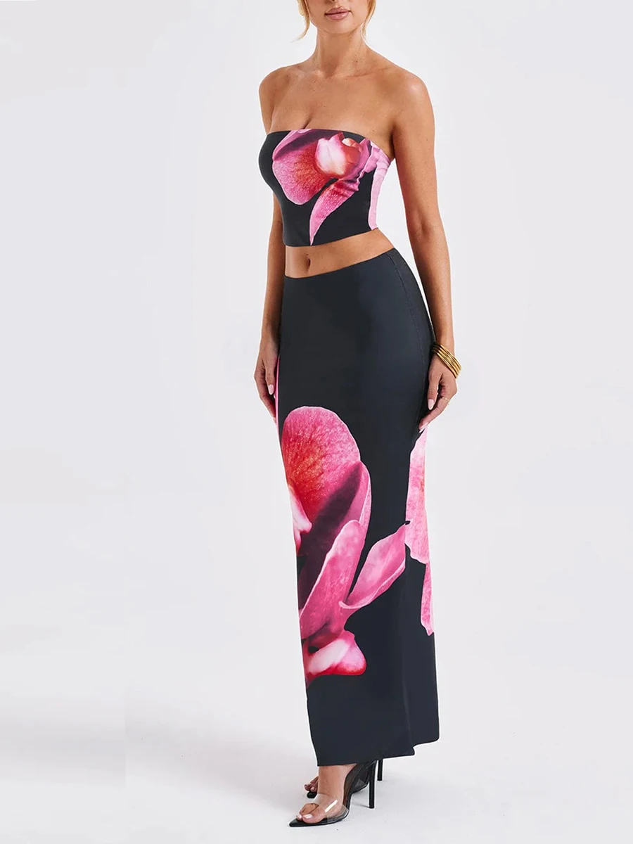 Women Floral Print Tube Tops and Elastic Bodycon Long Skirt Set  2 Piece Outfits Streetwear Aesthetic Outfits Party