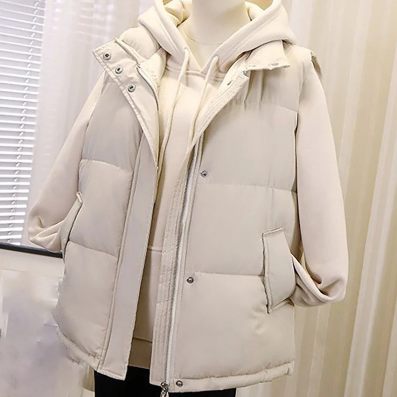 

2023 Winter Women Short Thicken Sleeveless Coat Simplicity Elegant Fashion Korean Loose Jacket Female Casual Warm Cotton Vests