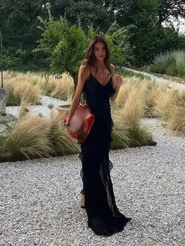 Abito lungo da donna con orlo arricciato impilato nero sexy senza maniche in chiffon senza schienale con scollo a V abiti 2024 New Lady Holiday Vestidos