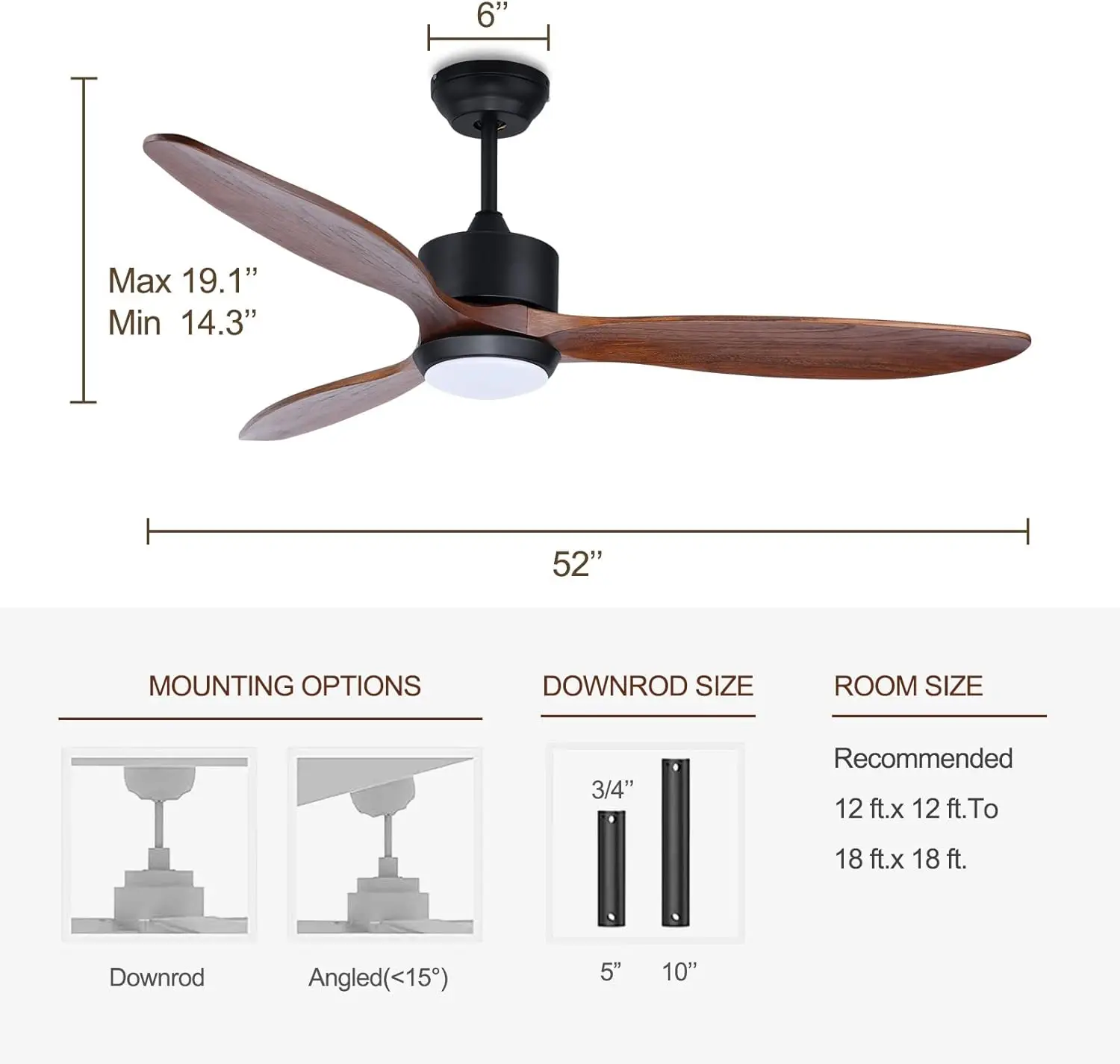 Ventiladores de techo de madera maciza de nogal, 52 pulgadas, Control remoto de luces, hélice de 3 aspas, ventilador de techo inteligente para dormitorio