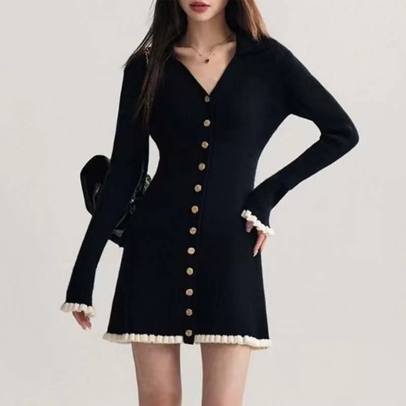 

Autumn Winter Ruffles Women's Knitted Dresses 2025 New Elegant Long Sleeve V-neck Single Breasted A-line Dress Female