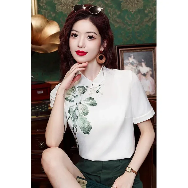 Short Sleeve Stand Collar Women Shirt New Embroidery Chiffon Shirt Blouse Women Tops Blusas Mujer De Moda 2024 Verano Blusa H793