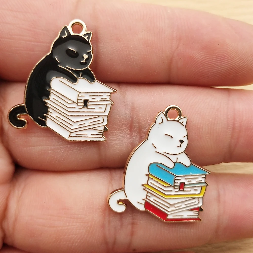 10pcs Book Cat Charm Jewelry Accessories Enamel Necklace Earring Bracelet Pendant Diy Making Supplies Alloy Metal Gold Plated