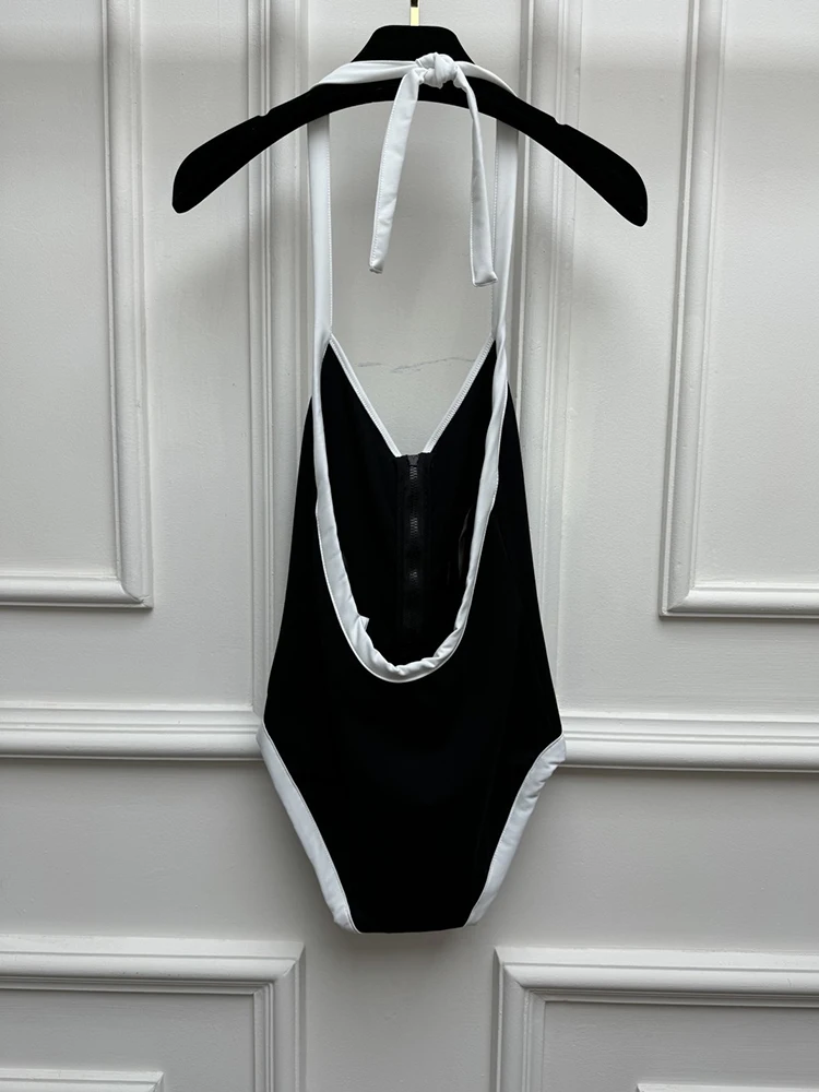 Summer Fashion Pool Party Black Sexy Backless One-piece Swimsuit Women's Solid Color Hang One's Neck High Waist Slim Romper