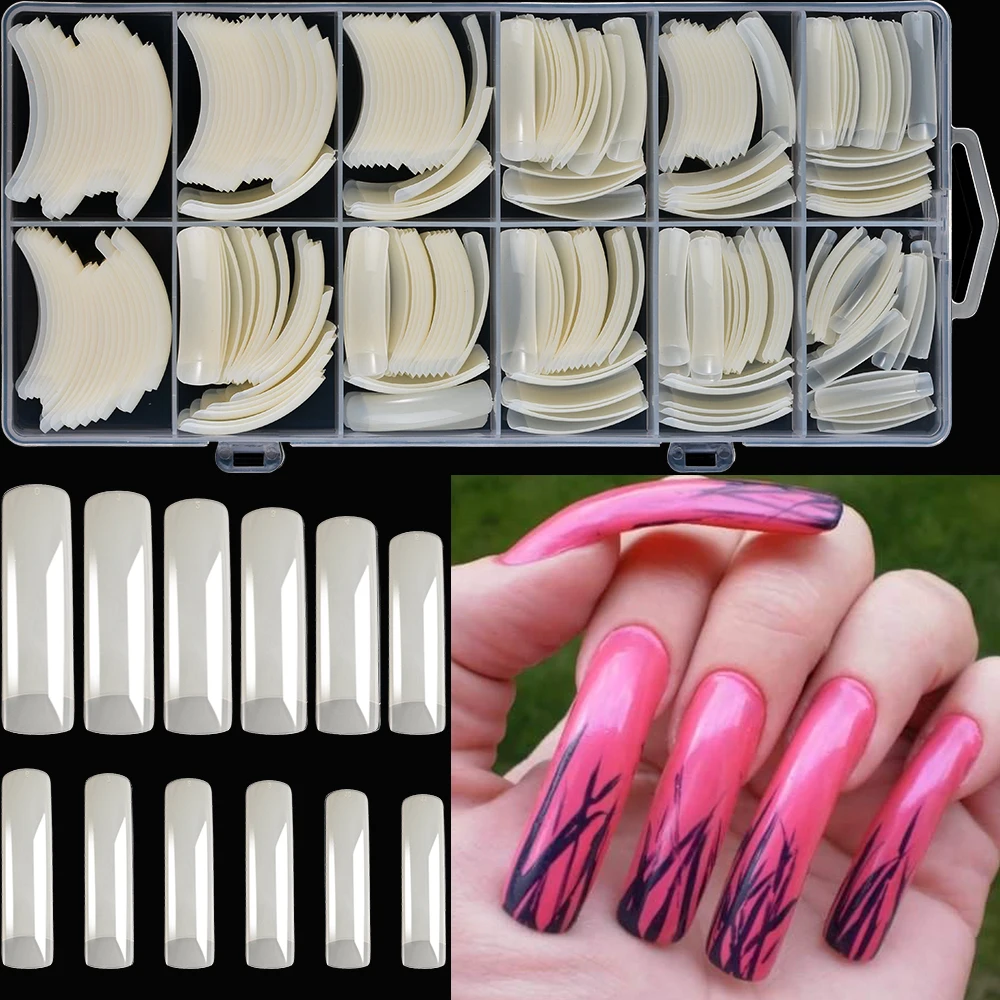 240Pcs Extra Long C-Curve Press-On Nail Tips Halfl Cover Square Hawk Curved White Fake Nail Bend Artificial Acrylic Fake Nail