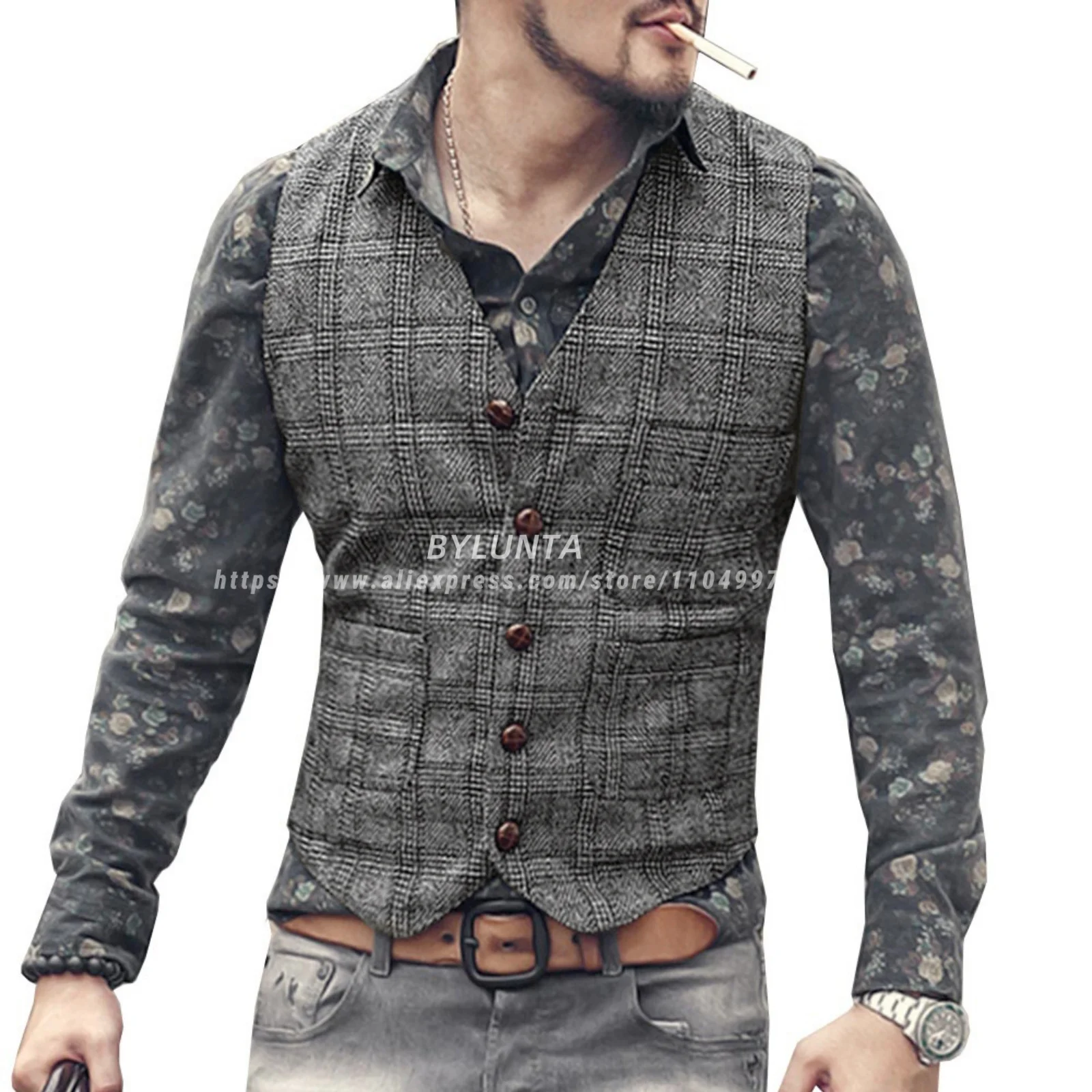 Bylunta Brown High-quality Buttons Casual Plaid Wool Men's Vest Waistcoat Wedding Cowboy Style Groomsmen