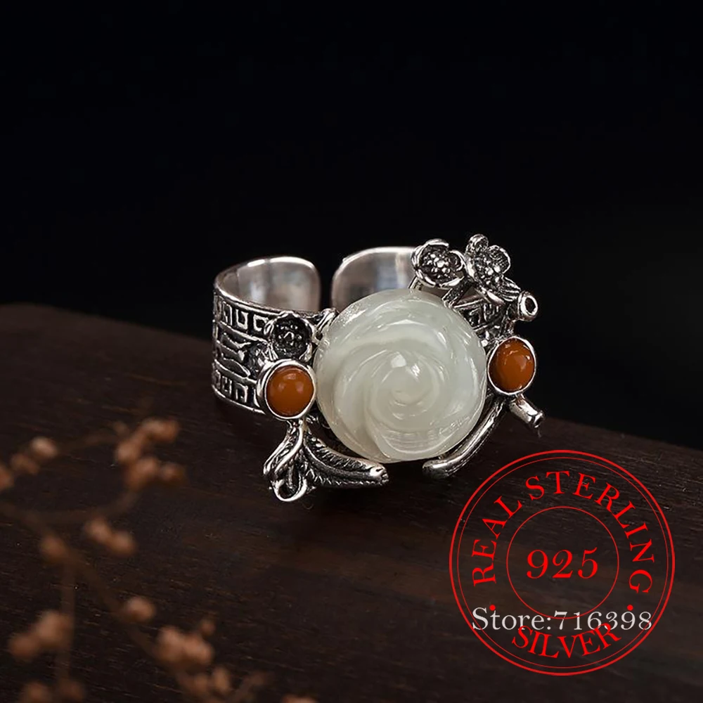 

925 Sterling Silver Jewelry White Jade Red Agate Rose Flower Finger Rings for Women Wedding Party Jewelry For Girls Friend Gift