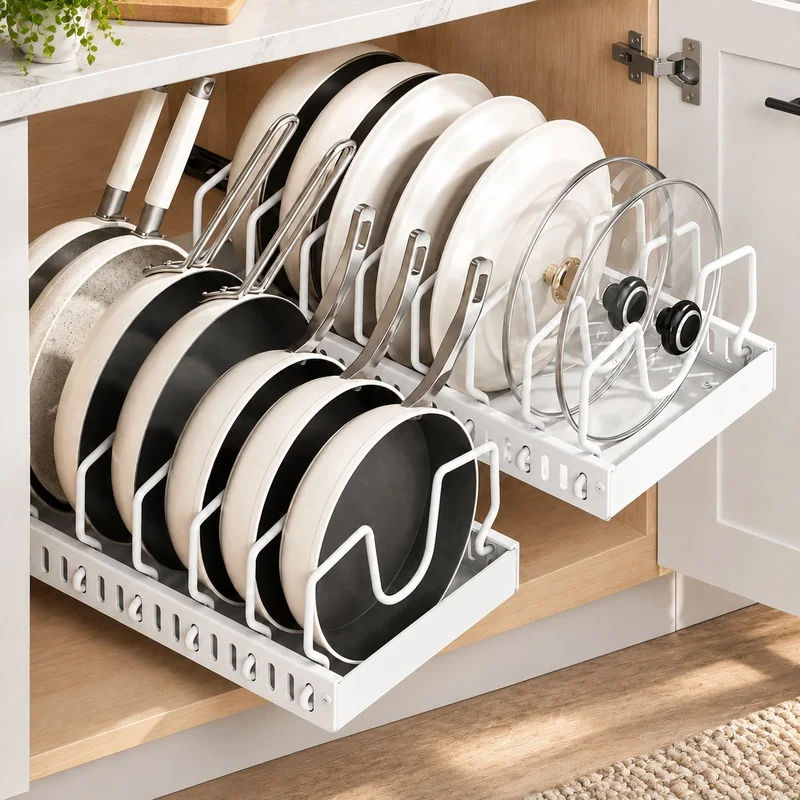 Adjustable Sliding Drawer Organizer for Kitchen Cabinets, Ideal for Plates, Bowls, Pan Lids, and Spice Storage
