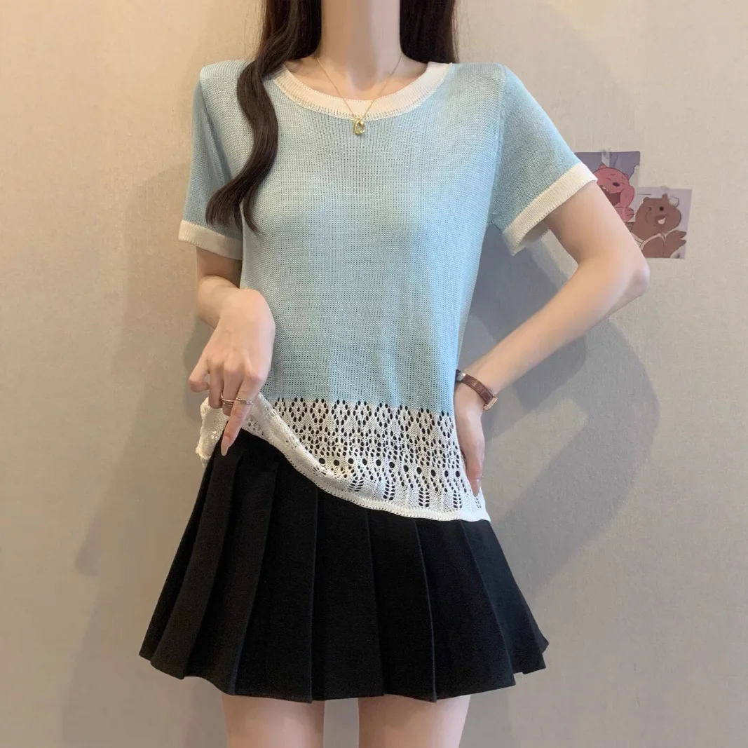 Fashion Color Blocked Lace T-shirt Women Casual Loose Knitted Hollow Out Short Sleeve Top Blouse
