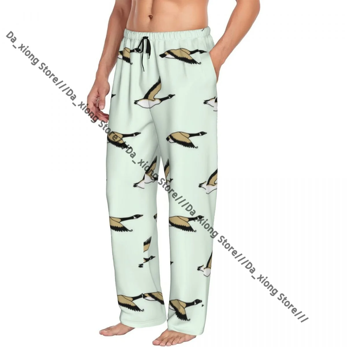 Mens Casual Pajama Long Pant Loose Elastic Waistband Hand Drawn Wild Goose Pattern Cozy Sleepwear Home Lounge Pants