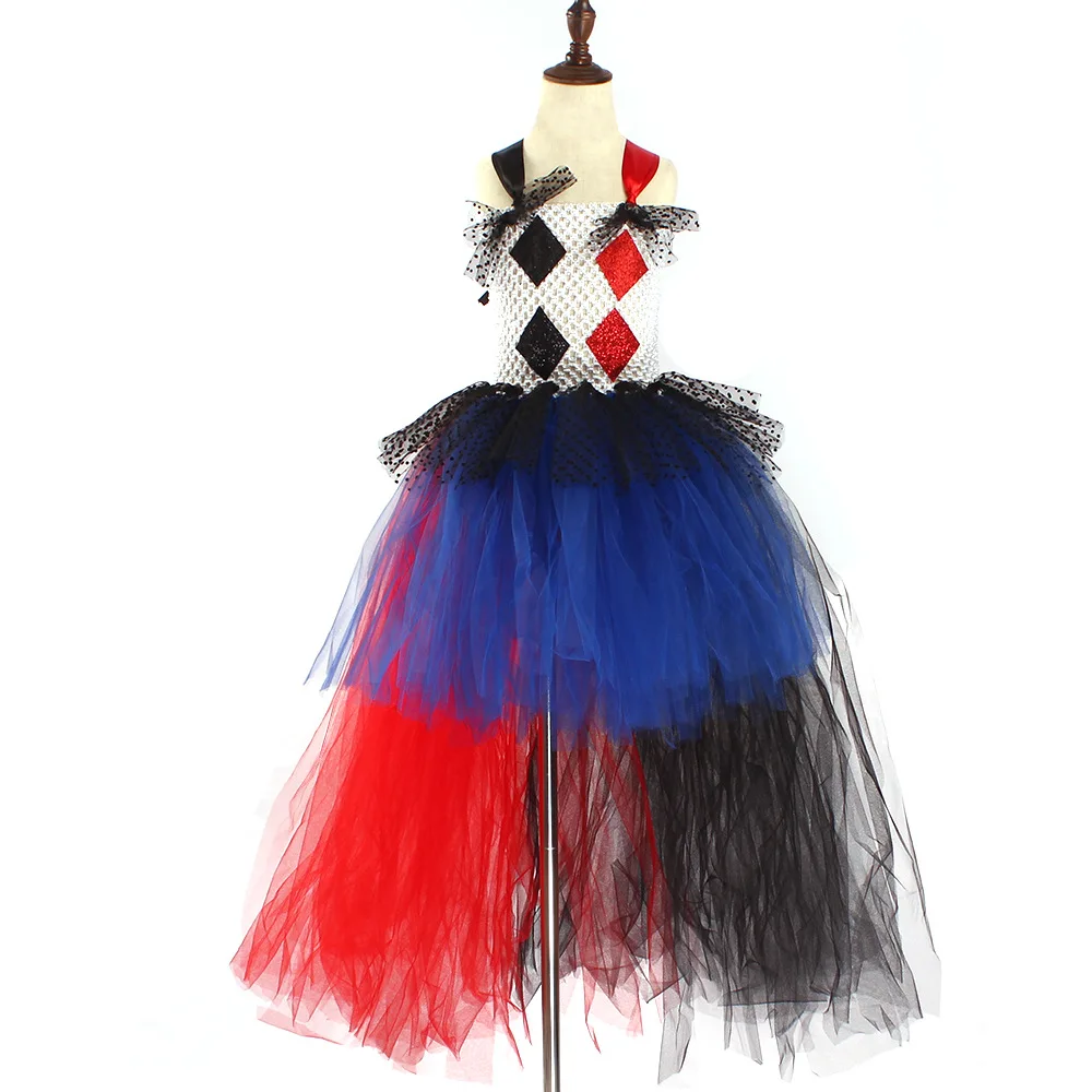 Clown Dress for Girl Tutu Sleeveless Gown Children Party Halloween  Carnival Costume Kid Attire Novelty Clothes Circus 2-12Years