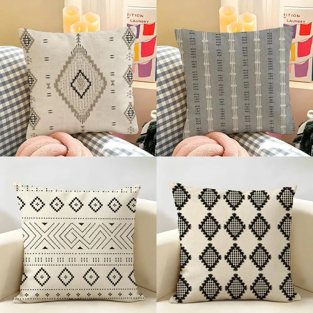 Black Embroidered Textured Cushion Cover Natural Linen Organic Fabric Double-Sided Printing Breathable Perfect For Home Decor