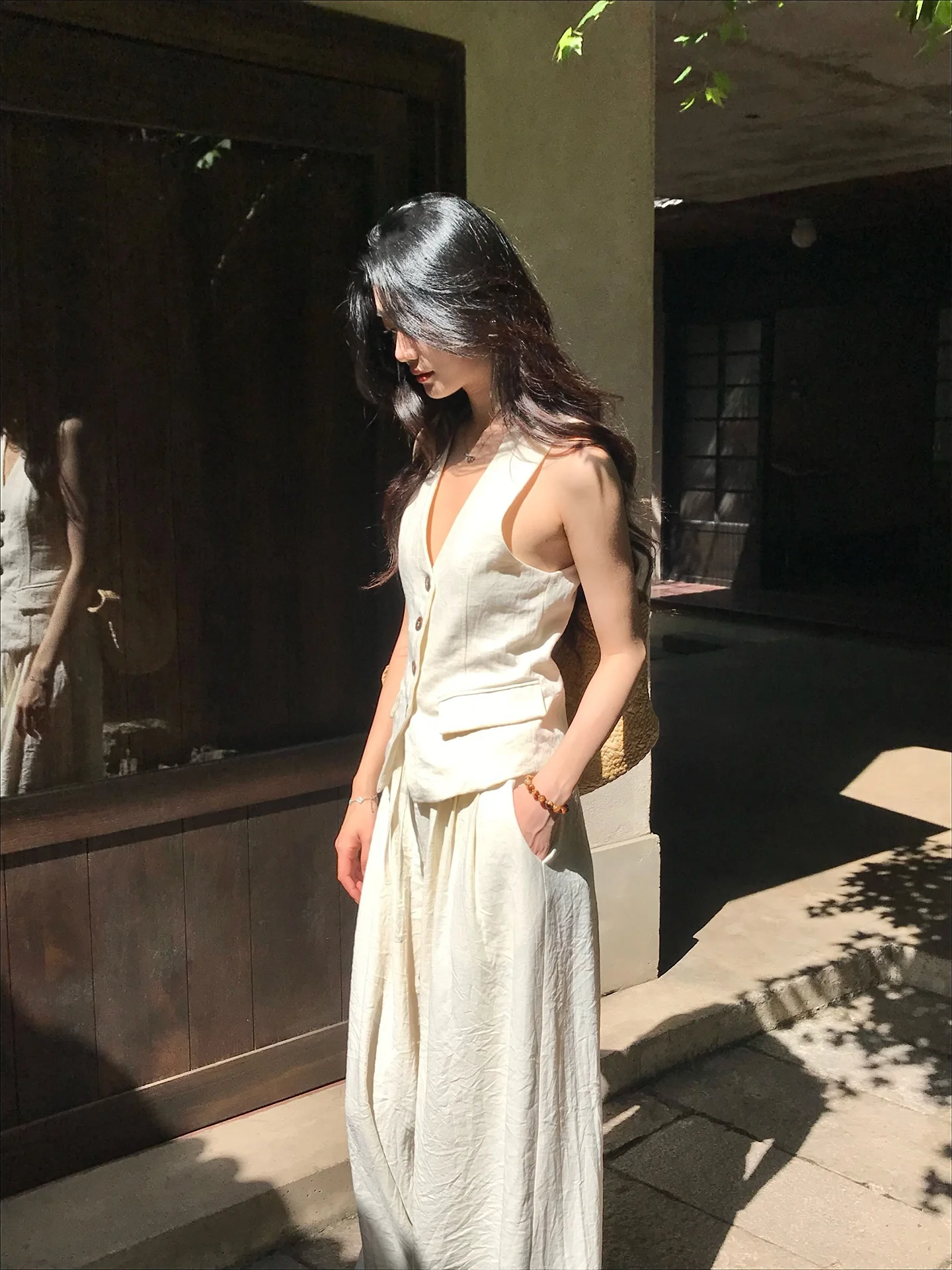 

Комплект Norain No Rain: хлопково-льняной топ-майка с V-образным вырезом и широкие брюки, летний повседневный костюм-двойка для женщин