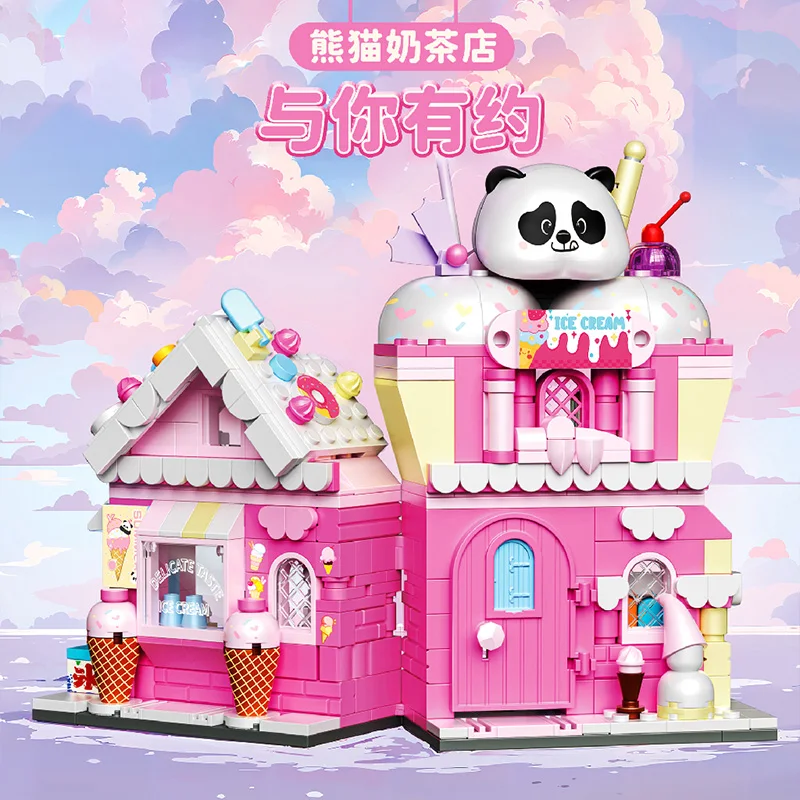 Panda Miyuki City Milk Tea Shop Series of Building Blocks Children's Educational Puzzle Toys Desktop Ornaments Holiday Gift