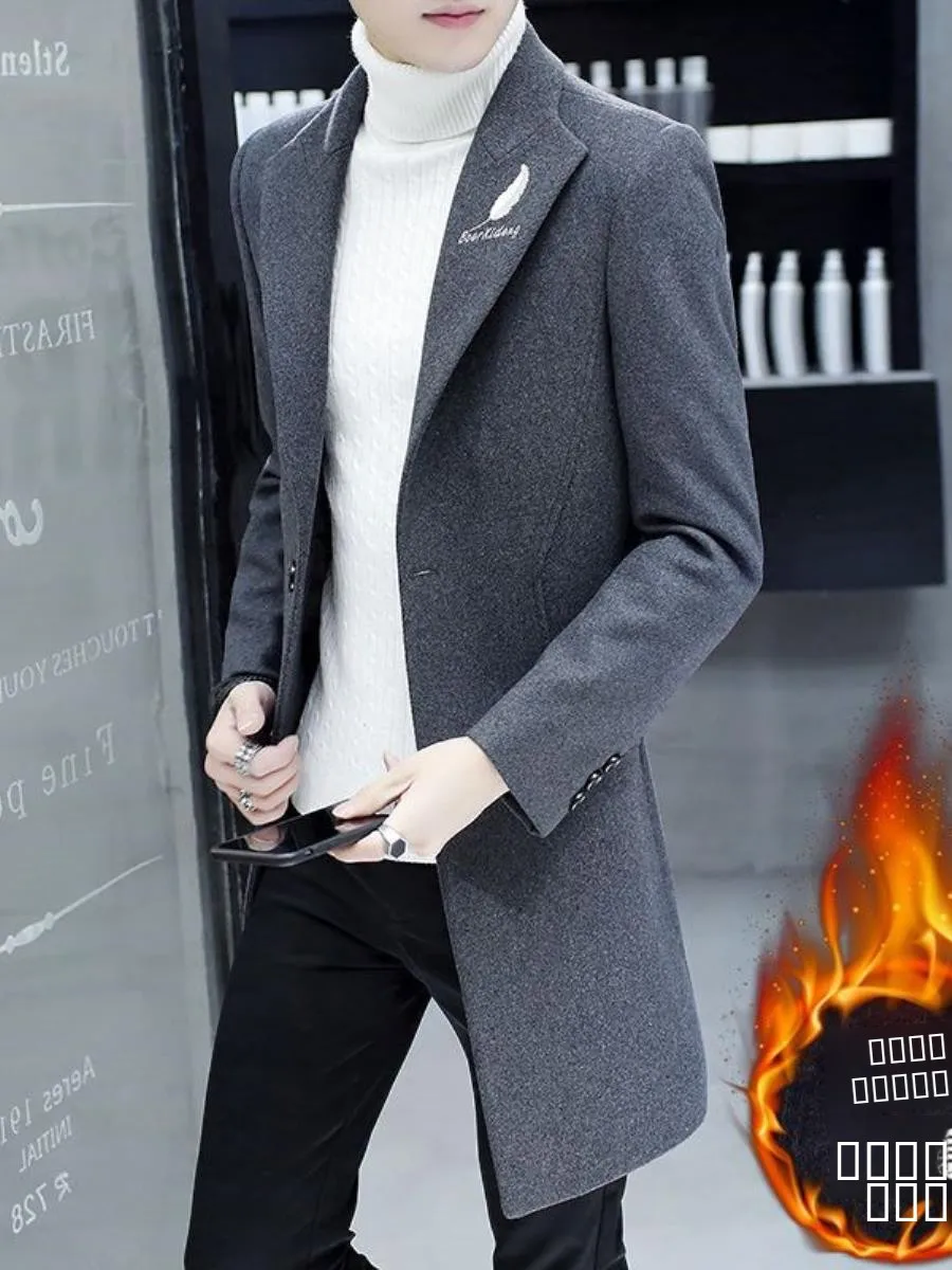 

Мужское зимнее утепленное шерстяное пальто 2024: Модная корейская ветровка-пальто удлиненного кроя из хлопка для мужчин