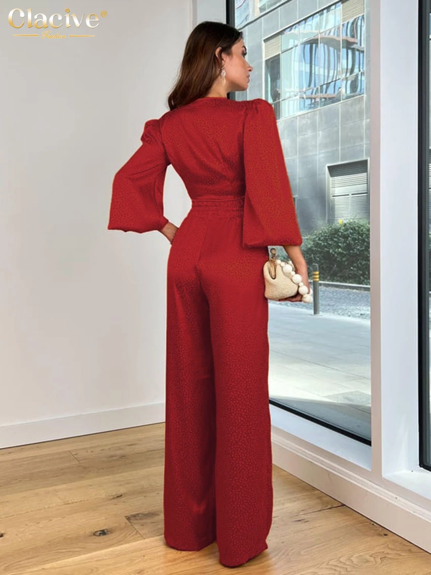 Clacive Fashion Loose Red 2 Piece Sets Women Outfit 2025 Elegant Long Sleeve Crop Top With High Waist Wide Pants Set Female