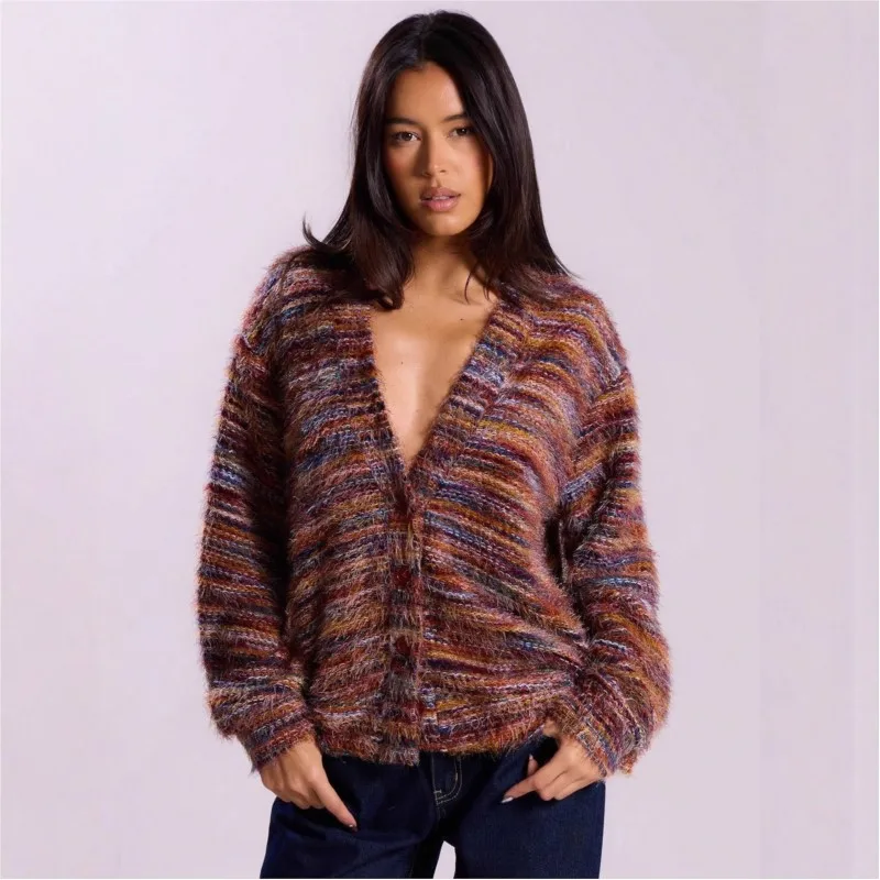 

Retro Fashion Deep V-neck Maillard Plush Long Sleeved Single Breasted Cardigan Autumn Winter Women's New Sweater Pulls Femmes