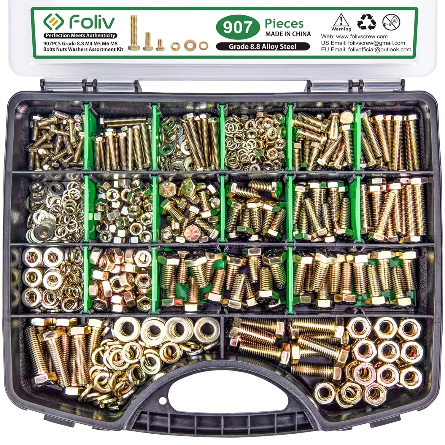 

907 pieces, 8.8 grade metric bolts assembly, M4 M5 M6 M8 heavy-duty bolts and nuts kits, yellow galvanized, length ranging from