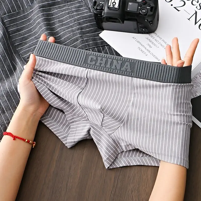 Men's Underwear Pure Cotton Flat Corner Pants Shorts Stripe Bottom Panties Underpants New Mid-Rise Large Size Breathable Boxers