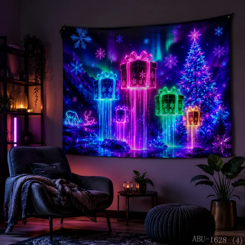 VIKAMA Neon Purple Blue Crystal Gift Box Trio Halo Bubble Galaxy City Christmas Tapestry Wall Hanging Bedroom Living Room Dorm