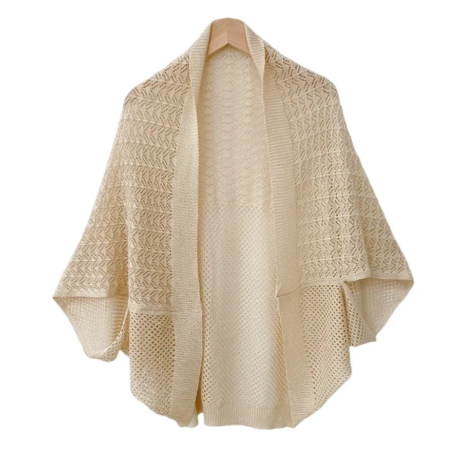 Air conditioned room office knitted shawl women's hollowed out tassel fashionable cheongsam white cape thin cloak Poncho P1