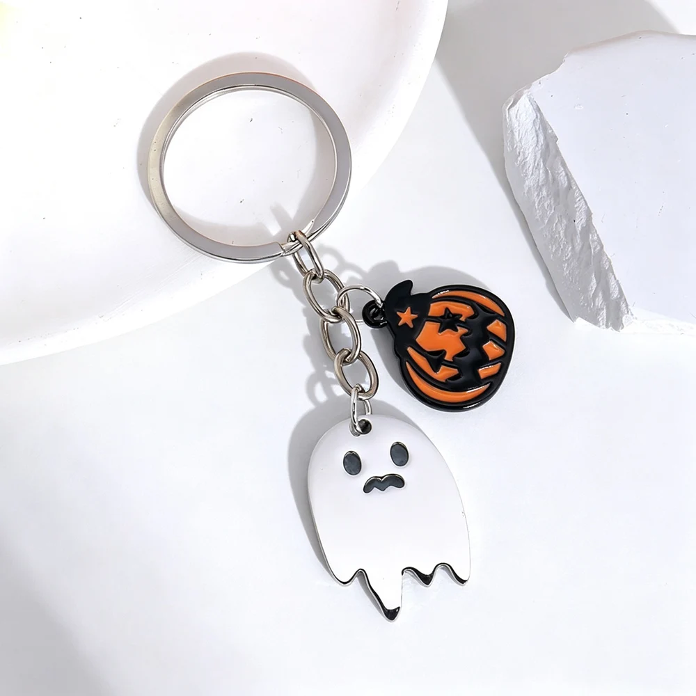 Stainless Steel Ghost Pumpkin Enamel Charm Keychain Halloween Key Ring Bag Car Charm Jewelry Couple Friends Gifts