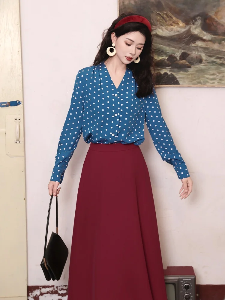 Retro Hong Kong Style Polka Dot Shirt And Skirt Set Spring Autumn Women's Fashion Two-Piece Suit Long Sleeve V-Neck Button up