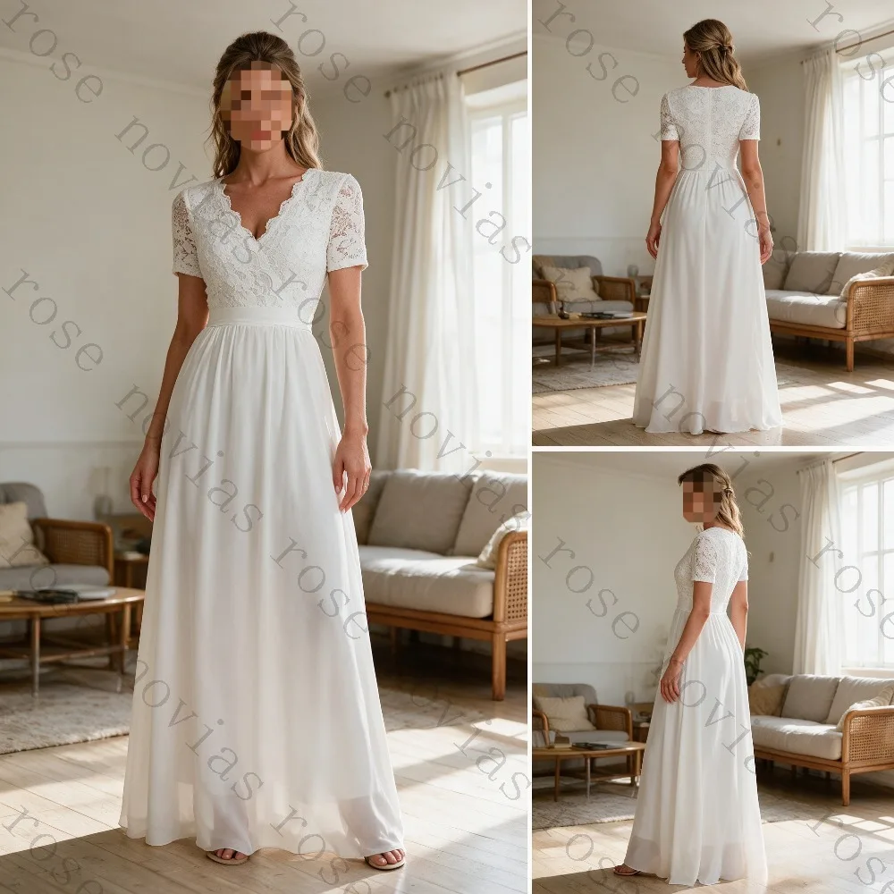 Customized Lace V-neck Bohemian Short Sleeved Chiffon Summer Wedding Dresses 2026 Elegant and Flowing A-line Beach Bridal Gown
