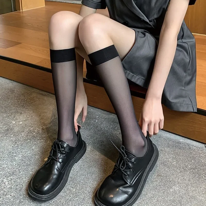 Summer Thin Lolita Stockings Sexy JK Uniform Women Girls Knee High Long Socks See Through Black White Nylon Knee Socks Stockings