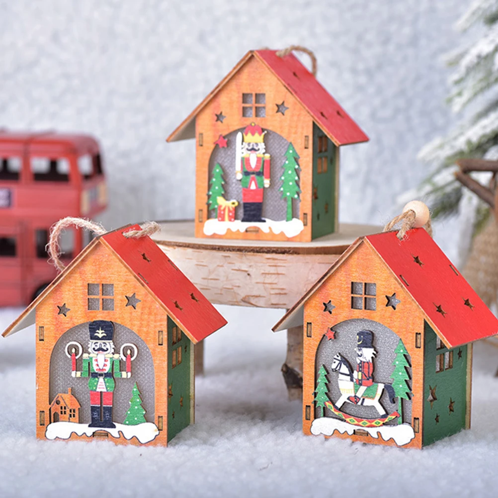 Wooden Nutcracker House Pendant Xmas Tree Hanging Decor Xmas Scene Hanging Decor Crafts Mini Size Festive nament