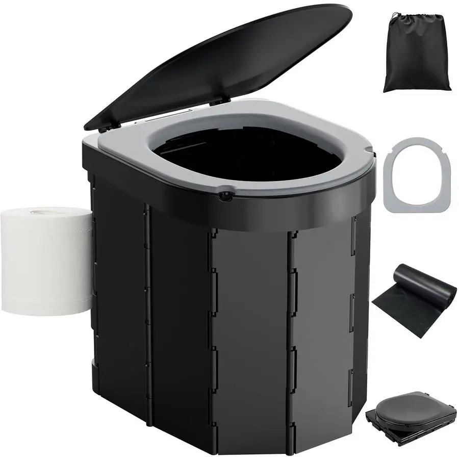 

Походный туалет с полиуретановой подушкой, складной портативный туалет для взрослых с крышкой и держателем для туалетной бумаги, водонепроницаемый походный туалет с...