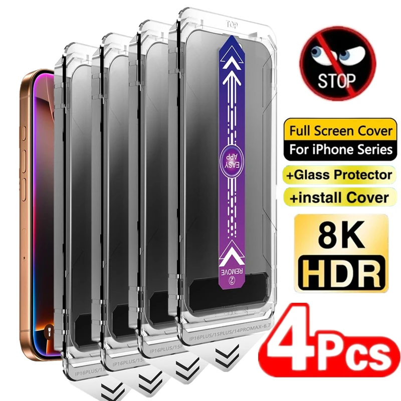 

4Pcs Easy Install Dust-proof Privacy Tempered Glass For iPhone 17 16 15 14 13 11 12 Pro Max Plus XR XS Anti-spy Screen Protector