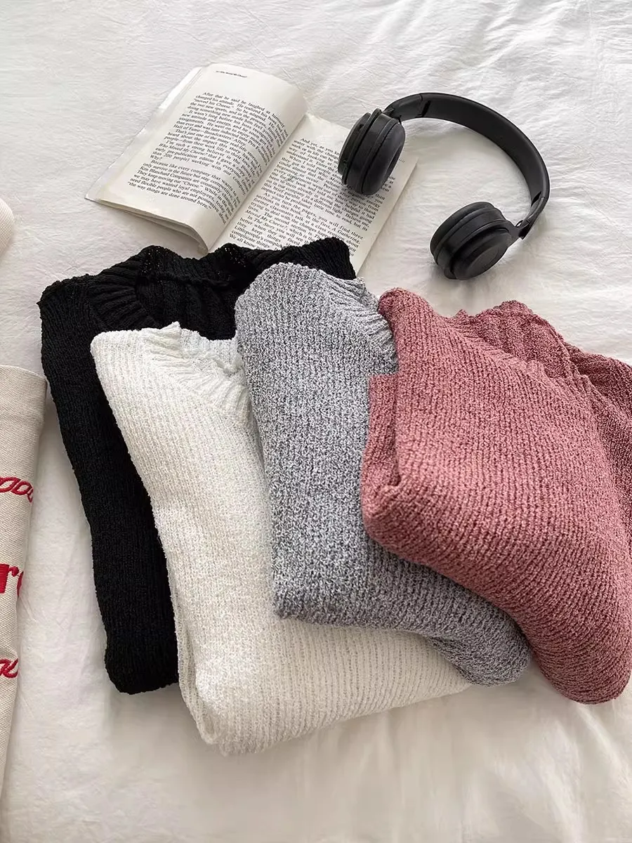 Spicy Girls Style Back Hollow Out Design Early Autumn Soft  Comfortable Round Neck Slim Fit Knitted Sweater