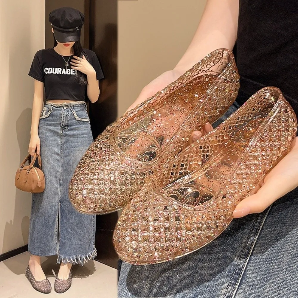 New Glitter Inlay Jelly Shoe Hollow Out Crystal Look Flat Sandal Flat Sole Breathable Slip On Shoe Casual Travel