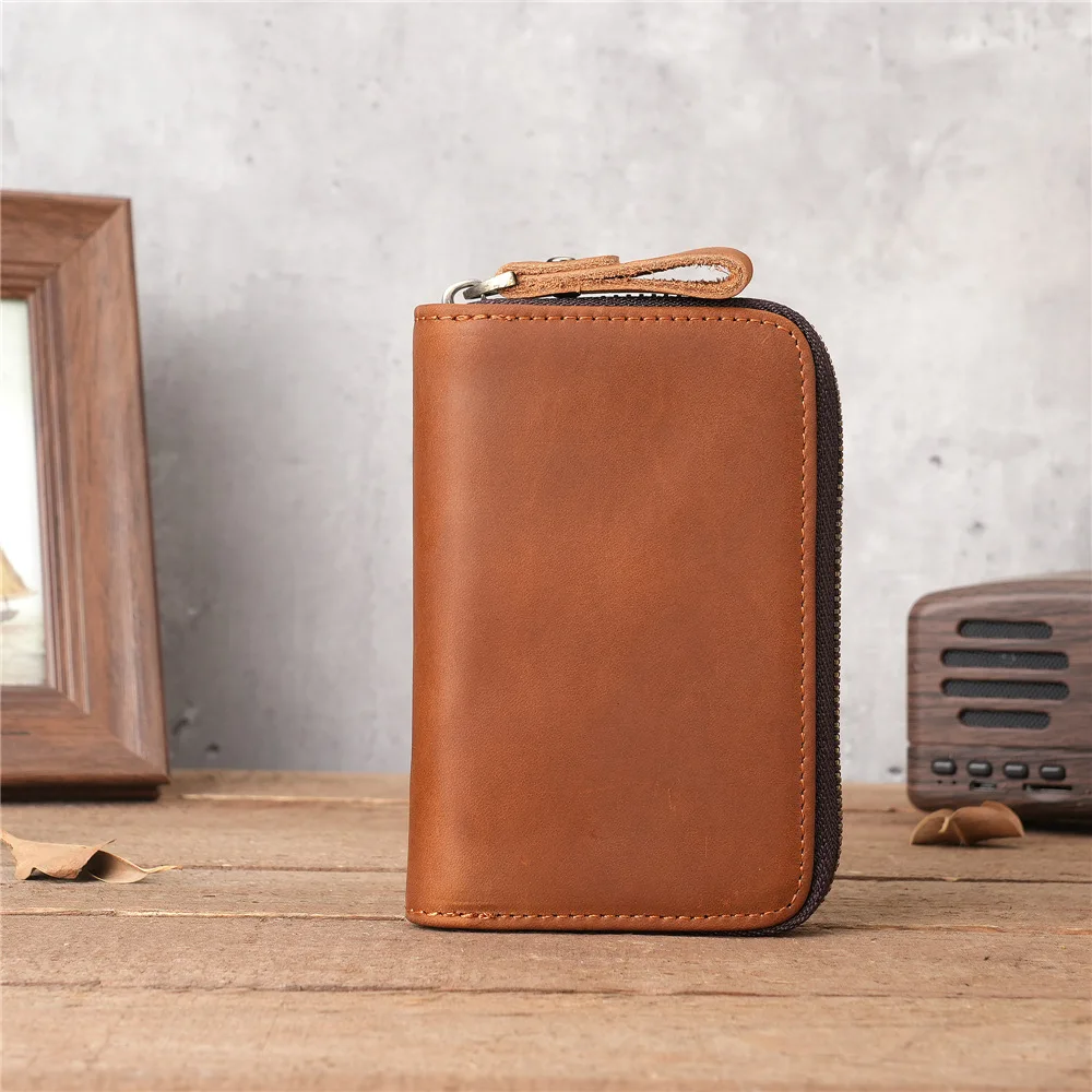 Man's Genuine Leather Key Holder With Card Pocket & 6 Key Hooks Portable Keychain Case  Zipper Card Wallet Small Coin Purse