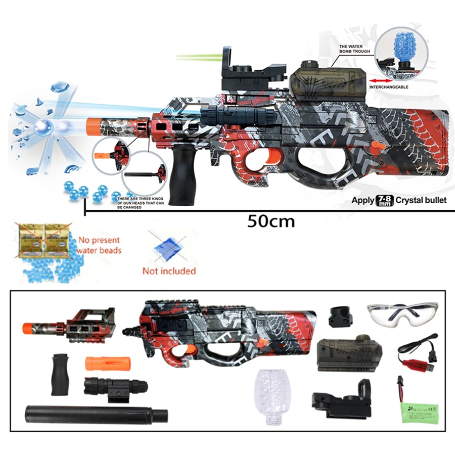 P90 Electric Toy Gun Can Fire 7-8mm Gel Bullets with 7.4V Lithium Battery and Charging Cable, Featuring Manual and Automatic Modes for High-Speed Shooting Toy Model