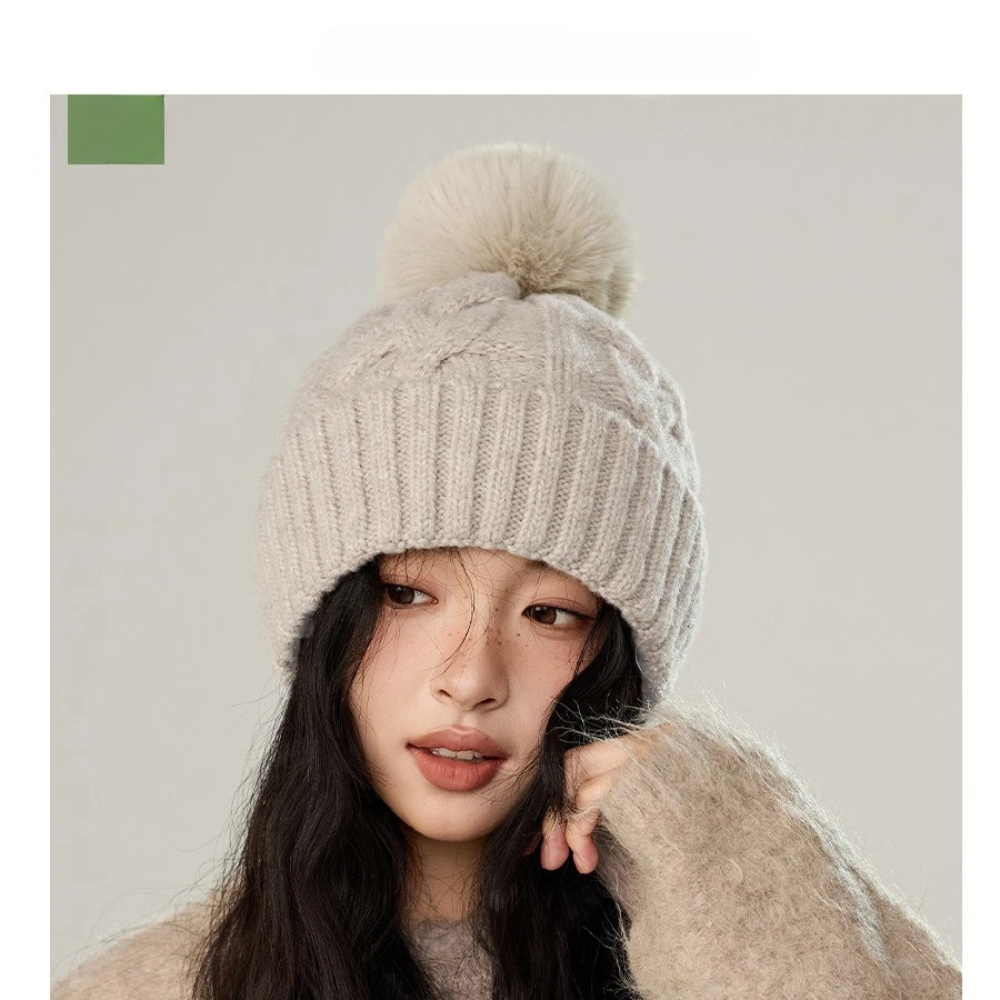 Women's Cable Knit Beanie with Oversized Pom Pom Autumn Winter Warm Chunky Ribbed Hat Cute Fluffy Folded Cuff Knitted Cap view 3
