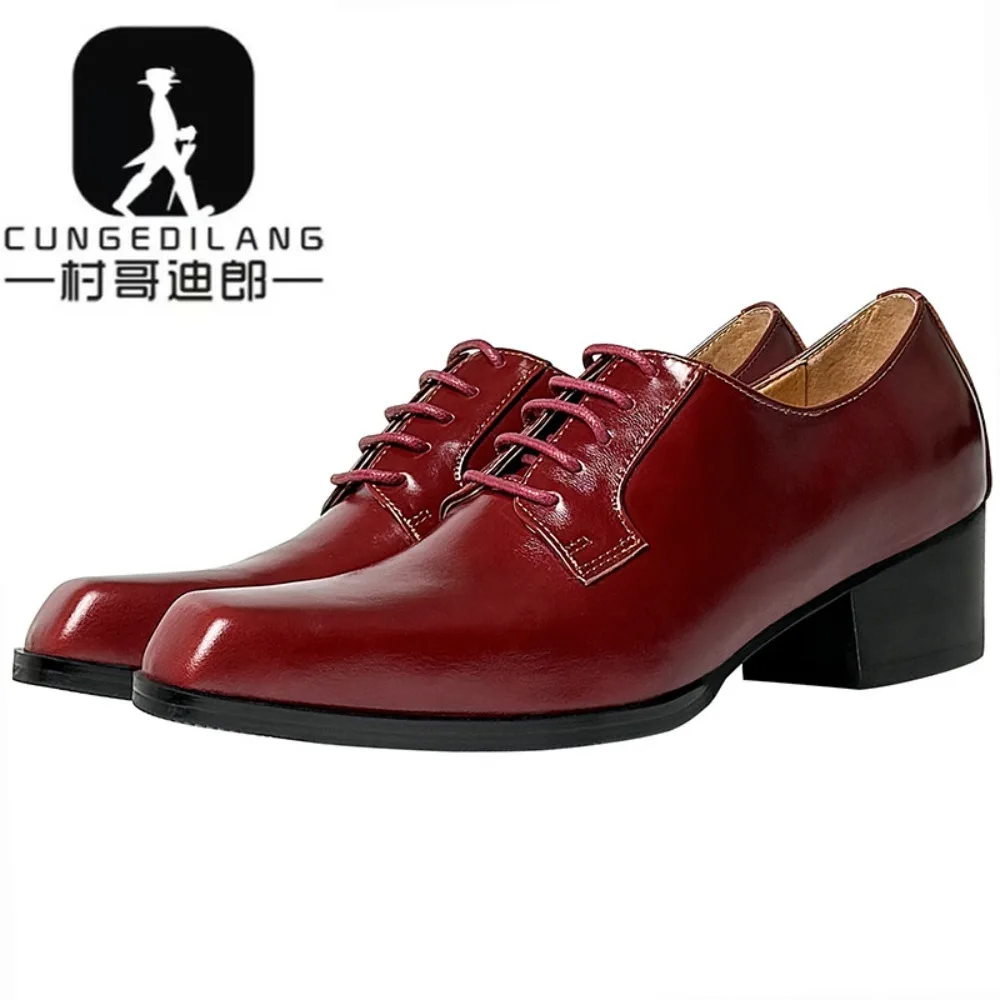 Square Toe High Heel Leather Shoe for Men in British Business and Casual Heightened Wedding Shoes Korean Style Shiny Hairstylist