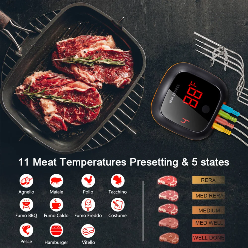 INKBIRD Digital BBQ Cooking Oven Thermometer 50 Meters Bluetooth Range IBT-4XS With 1000mAh Li-Battery Timer Meat Colorful Probe