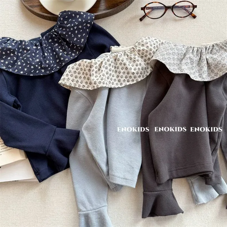 

Футболка в лесном стиле, милый цветочный воротник с рюшами, модная базовая рубашка, весенне-осенняя детская рубашка с длинными рукавами для девочек, милая