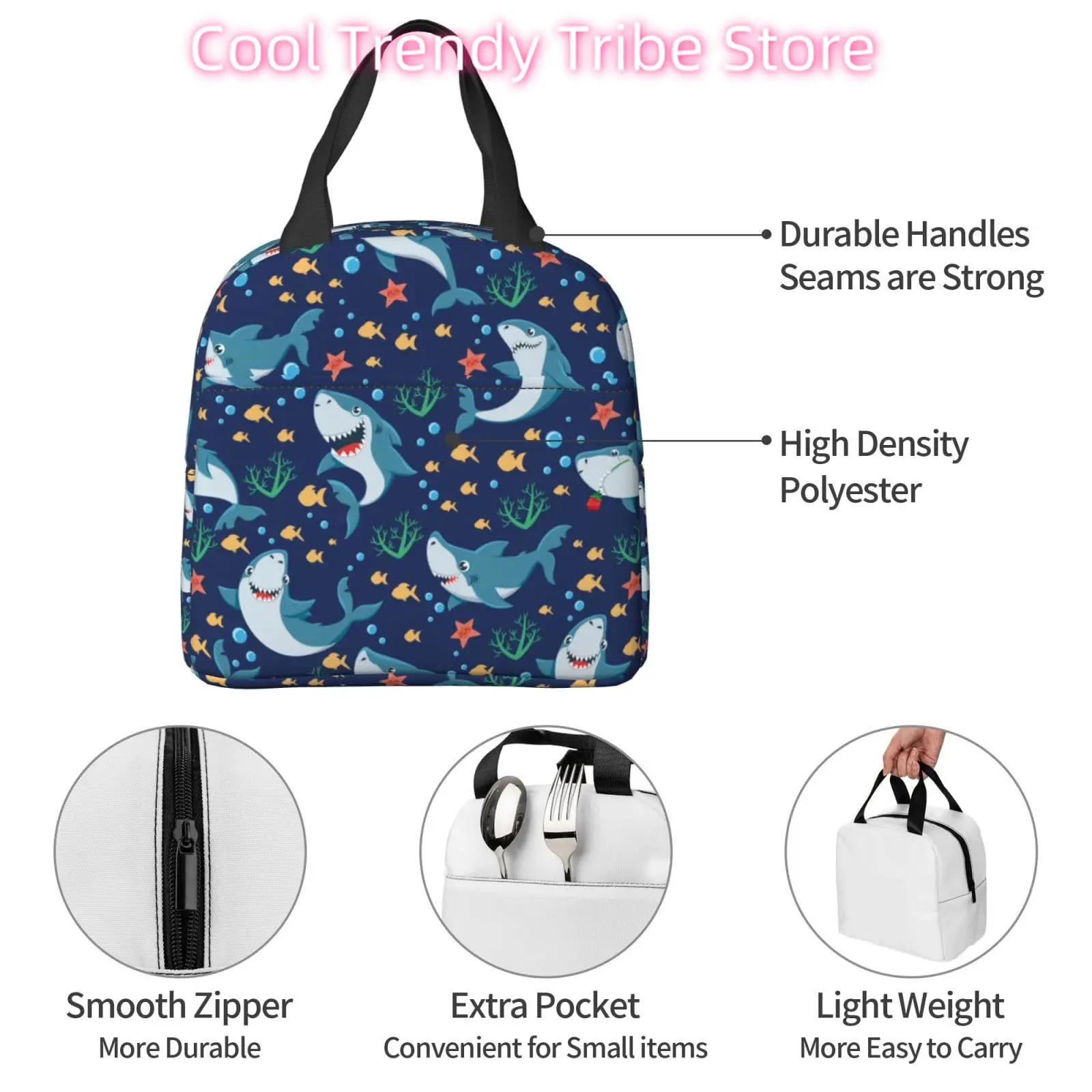 Ocean Sharks Insulated Lunch Bag For Women Men Cute Tote Bags Lunch Box Portable Bento Box Adult Boxes Lunchbox