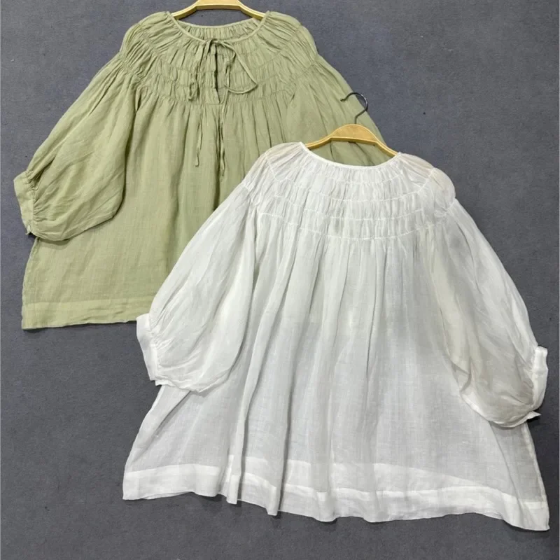 

Japanese Mori Tie Cropped Sleeve Ramie Shirts 2024 New Casual Loose French Tops Autumn Solid Color Simple Blouses