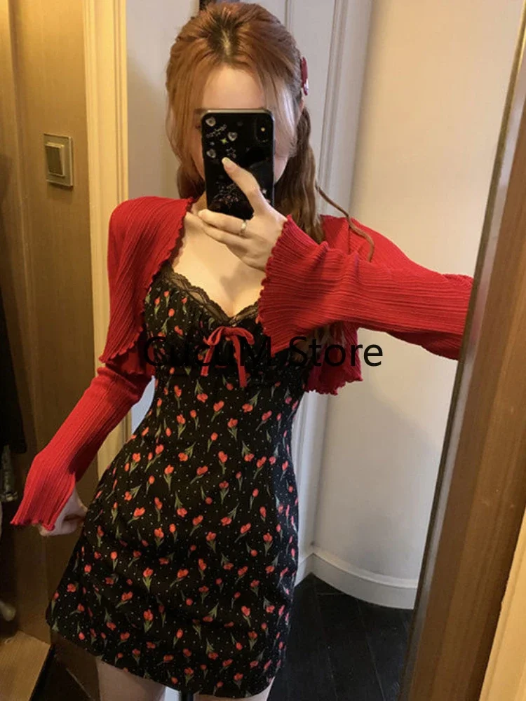 2023 Autumn New Sweet 2 Piece Dress Set Woman Red Short Cardigan Tops + Strap Floral Y2k Mini Dress Party Korean Fashion Suit