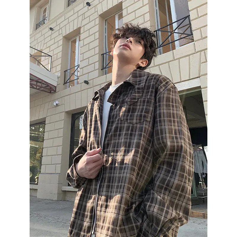 

Brown Men's Workwear irt Loose Long Sve Spring Faion Brand Silhouette Casual Coat Polyester Fiber Youth ular