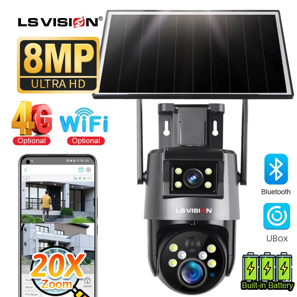 LS VISION Real 20X Optical Zoom 8MP Dual Screen 4G Solar Camera 4K WiFi PTZ PIR Detection Humanoid Auto Tracking Security Camera